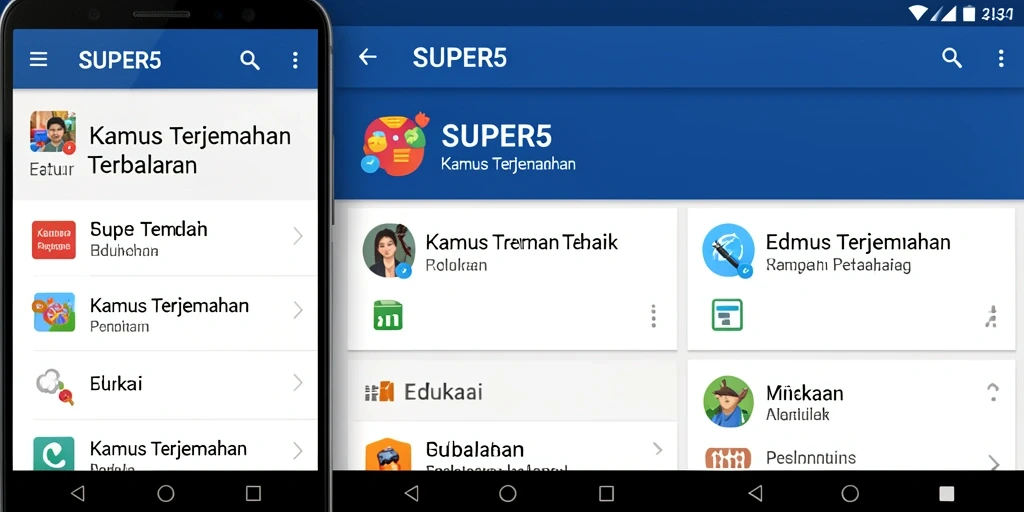 Tampilan antarmuka SUPER5 yang sederhana dan intuitif untuk Kamus Terjemahan.